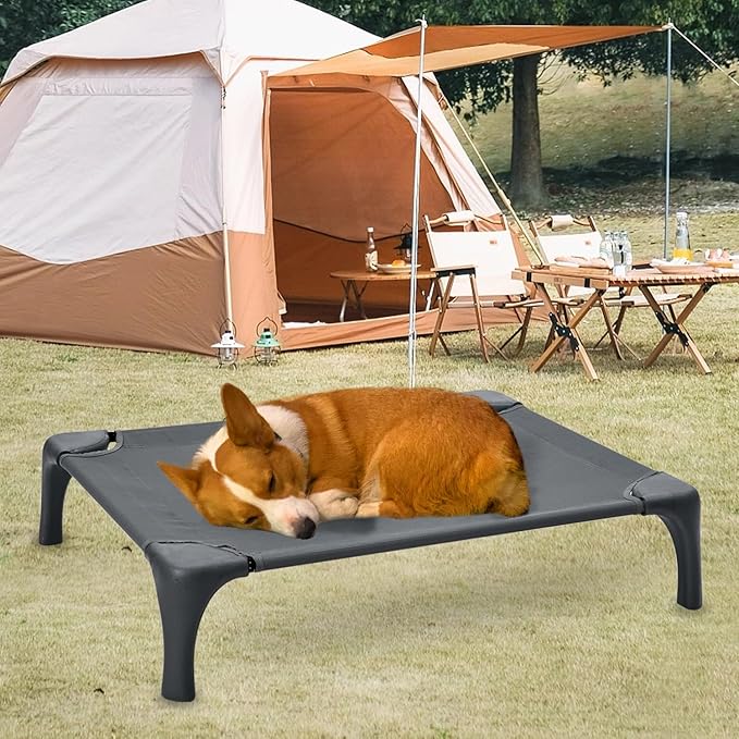 Outdoor Elevated Dog Bed With Portable Bag, Easy to Assemble for Medium Small Dogs, Raised Cot With Pet-Friendly Feet, Breathable Mesh for Camping or Travel, Dark Grey