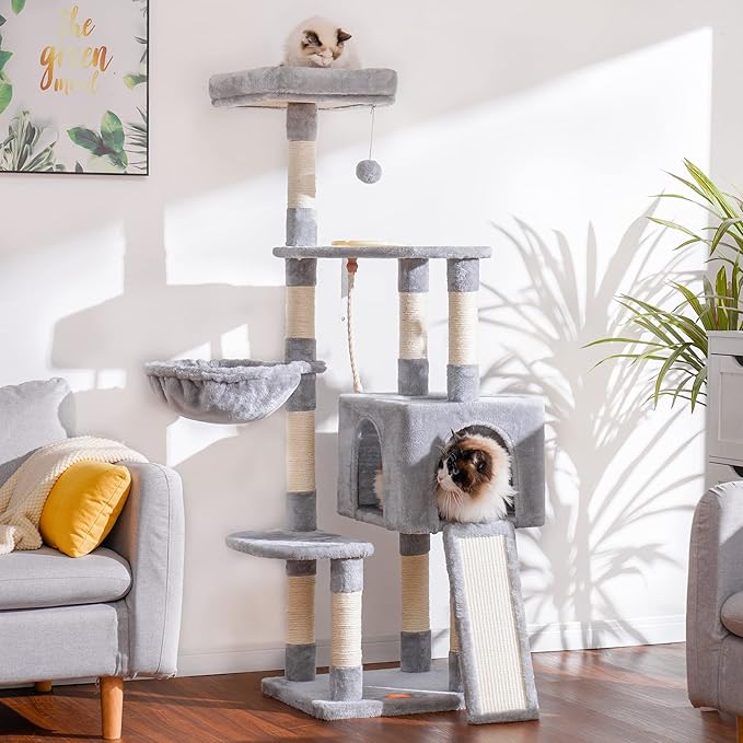Heybly Cat Tree, Cat Tower for Indoor Cats with Scratching Board, Multi-Level Cat Furniture Condo with Feeding Bowl, Light Gray HCT010MW