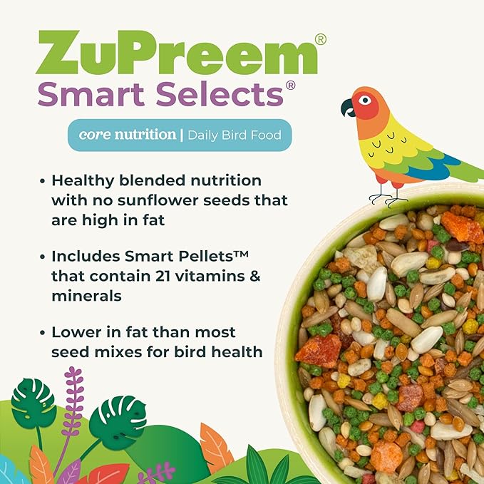 ZuPreem Smart Selects Daily Bird Food for Parakeet, Budgie, Parrotlet, Dove, Bird Pellets and Seed Blend, Core Nutrition for Small Birds, Made in USA, Parakeet Food, Budgie Food (S, 2 lb) (Pack of 2)
