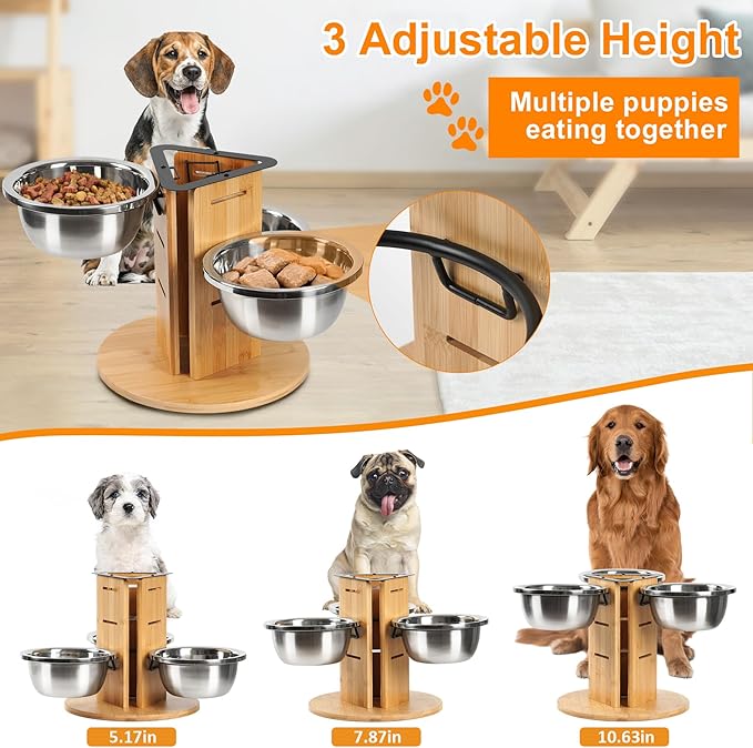 Elevated Dog Bowls, Natural Bamboo Raised Dog Bowl Stand for Medium to Large Sized Dogs 3 Adjustable Height Stand with 3 Thick 48oz Stainless Steel Bowls Non-Slip Base Pet Food Feeder