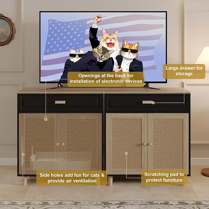 Cat Litter Box Enclosure Furniture Hidden Indoor 2-in-1 Wooden Cat House & Washroom Cabinet with Scratching Board Doors and Drawer, 31.5"x15.7"x34.6"H - Black