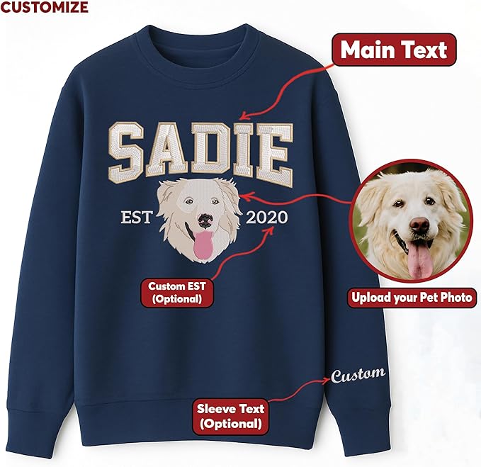 Custom Pet Portrait Embroidered Sweatshirt for Women & Men - Personalized Dog/Cat Face & Name - Unisex Embroidered Sweatshirt - Gift for Pet Lovers, Dog Mom, Mothers Day, Birthday, Christmas