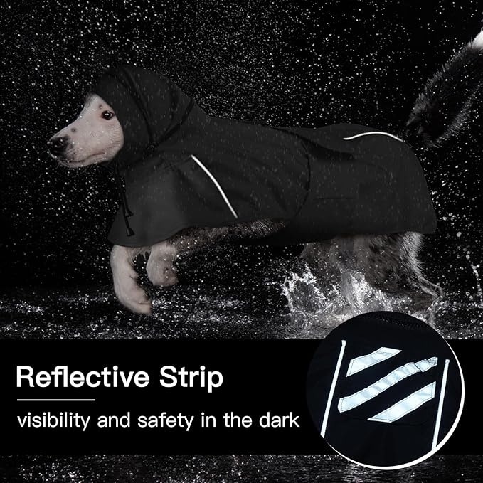 Dog Raincoat, Waterproof Dog Rain Jacket with Convertible Hood/Collar, Adjustable Belly-Protect Rain Coat for Meidum Dogs Poncho Reflective (Black, M)