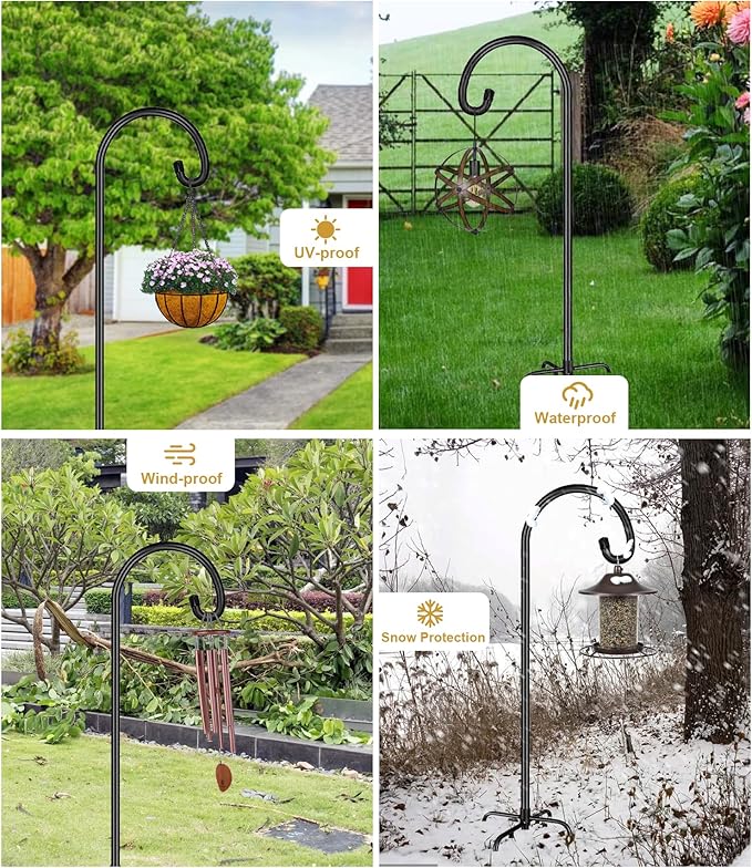 Shepherd Hook 108 Inch Tall Heavy-Duty Metal Garden Hanging Pole Stake for Bird Feeder Pole Plant Baskets, Black (1 Pack)