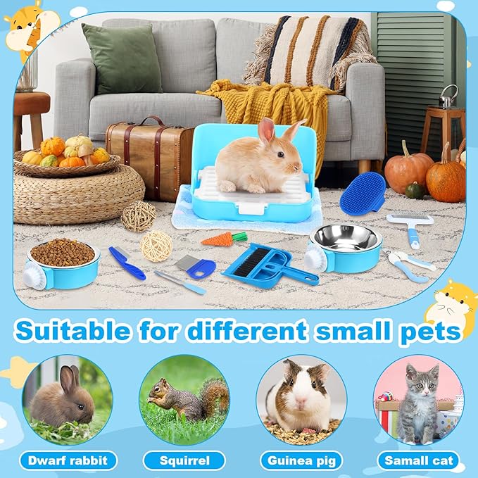15 Pcs Rabbit Starter Kit Small Rabbit Litter Box Animal Grooming Kit Bunny Toys Bowl Blankets with Cleaning Set for Guinea Pig Accessories (Light Blue)