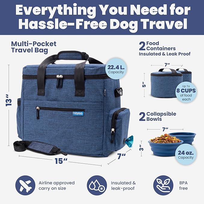 The Original Doggy Bag™- Dog Travel Bag for Supplies - Ultimate Gift for Dog Moms & Dads, Doggy Lovers & Pet Owners for Christmas- Includes 2 BPA-Free Travel Bowls and 2 Food Containers: Navy