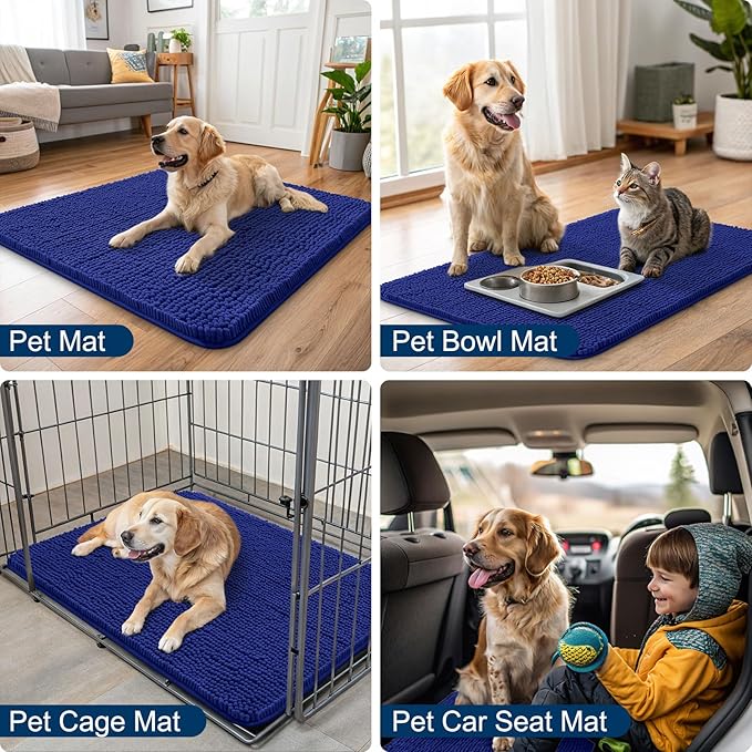 Smiry Dog Door Mat for Muddy Paws 59x35, Absorbs Moisture and Dirt Doormat, Non-Slip Washable Quick Dry Chenille Front Door Mat Indoor Entrance, Entryway Carpet for Inside Floor, Navy Blue