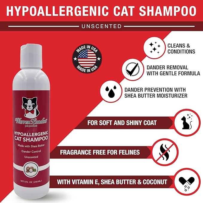 Warren London Hypoallergenic Cat Shampoo + Conditioner – Unscented 8 oz | Shea Butter Moisturizes Dry Skin & Reduces Dandruff | Soap-Free 2-in-1 for Dander & Allergy Control | Made in USA