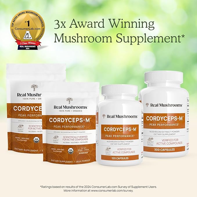 Real Mushrooms Capsules Supplements - Organic Cordyceps Mushroom Powder in Capsules - Energy and Performance Mushrooms with Verified Beta Glucans - Vegan, Non-GMO, 300 Capsules