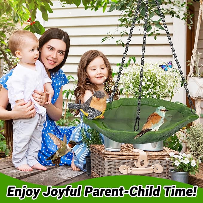 Bird Bath for Outdoor, Hanging Ground Birdbath Feeder Bowl with Bird Statue, Resin Leaves Birdfeeder Bath for Outside Garden Yard Patio Decor (Leaves)