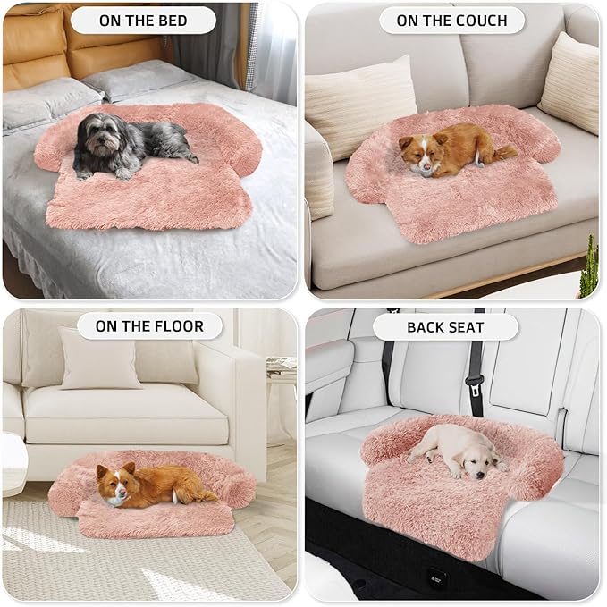 GGIB Calming Dog Bed Fluffy Plush Dog Mat for Furniture Protector with Removable Washable Cover for Large Medium Small Dogs and Cats (XS (31"x23.5"x5"), Pink)