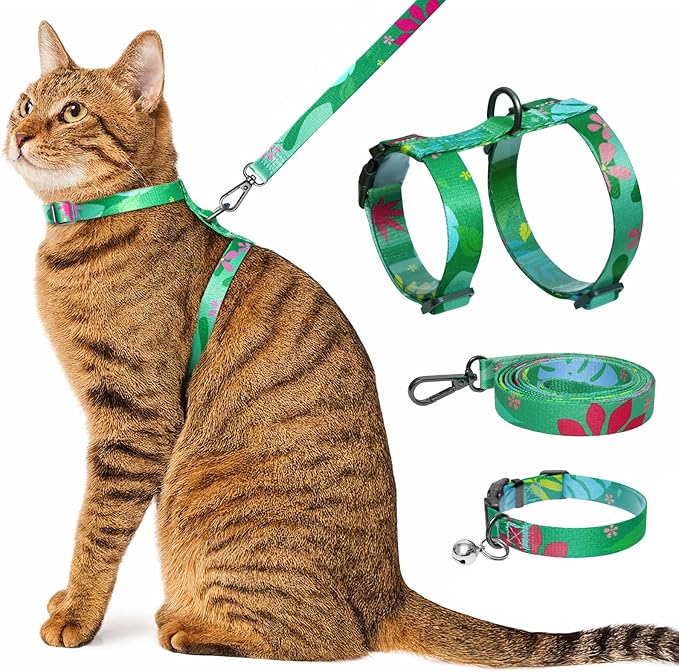 Cat Harness and Leash Set with Matching Collar – Escape Proof Harness for Cats, Adjustable & Lightweight, Tropical Hawaiian Leaf Print, Easy Wear for Outdoor Walking & Training