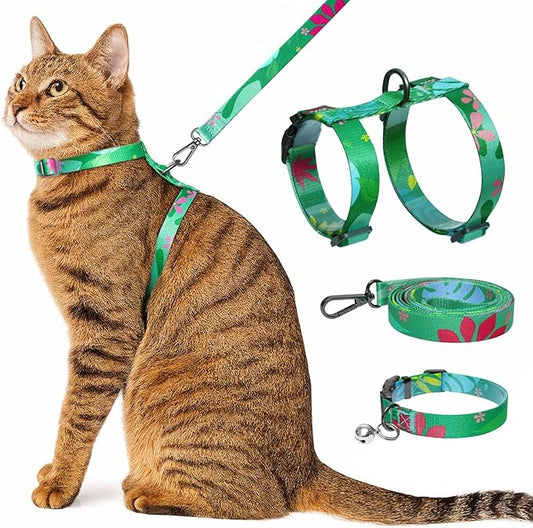 Cat Harness and Leash Set with Matching Collar – Escape Proof Harness for Cats, Adjustable & Lightweight, Tropical Hawaiian Leaf Print, Easy Wear for Outdoor Walking & Training