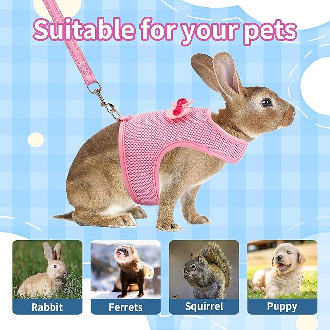 AIITLE Adjustable Rabbit Harness with Cute Bow - Breathable Vest, Anti-Escape Buckles, Reflective Leash for Training, Parties - Fits Rabbits, Hamsters, Mini Pets Pink L