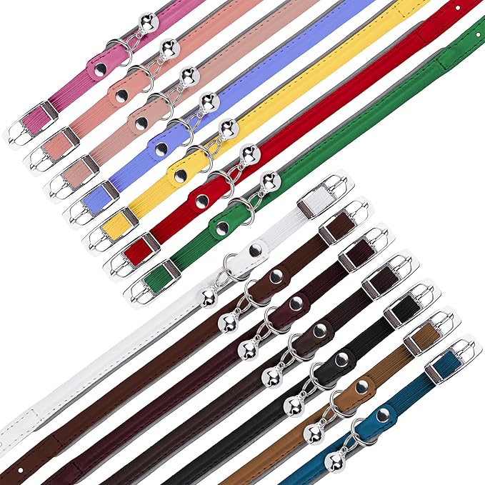 OOPSDOGGY Rolled Leather Cat Collar with Bell, Reflective Kitten Collars with Buckle Include Safety Elastic Strap - Adjustable Small Pet Collars for Boy Girl Cats (Fucsia)
