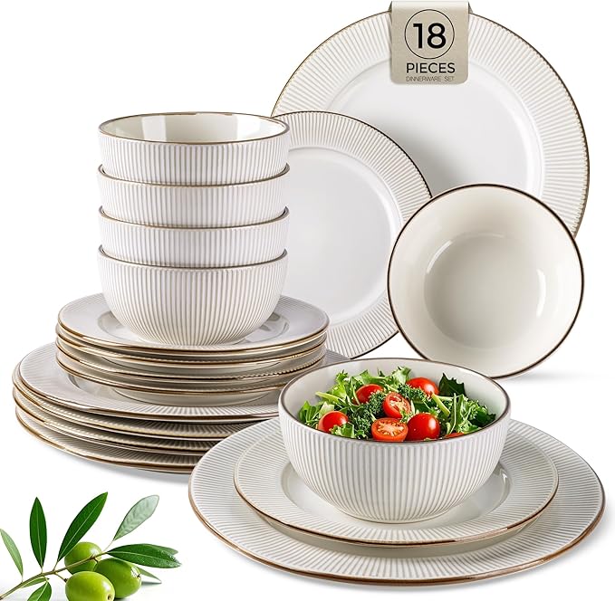GBHOME Ceramic Dinnerware Sets,18 pcs Embossed Elegant Stoneware Plates and Bowls Sets, Housewarming Wedding Gift | Dishwasher & Microwave Safe | Dishes Set Service for 6