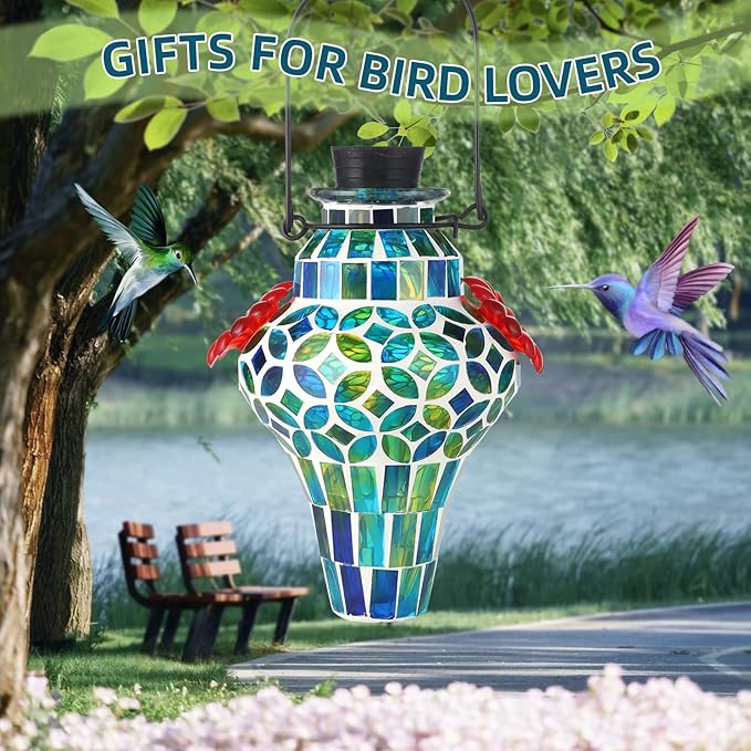 VOREEN Mosaic Glass Hummingbird Feeders for Outdoors Hanging, Hand Blown Hummingbird Feeders, Porch Garden Backyard Decor, Decorative Gift for Mom Wife Friend, 2pcs, Blue and Red