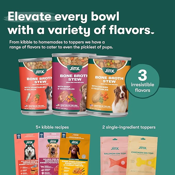 Jinx Bone Broth Stew for Dogs - Salmon & Vegetables Recipe - Grain-Free Wet Dog Food & Topper for Picky Eaters - Promotes Lean Muscle Growth, A Healthy Coat & Improved Digestion - 13 Oz, 12 Pack