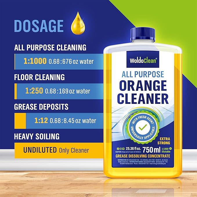 Orange Oil Cleaner Concentrated 25.36 fl oz (1 : 1000) - makes up to 200 Gallons Multi-Use Adhesive & Grease Remover, Custom-Dilution Citrus Degreaser for Floors, Kitchen & Bath