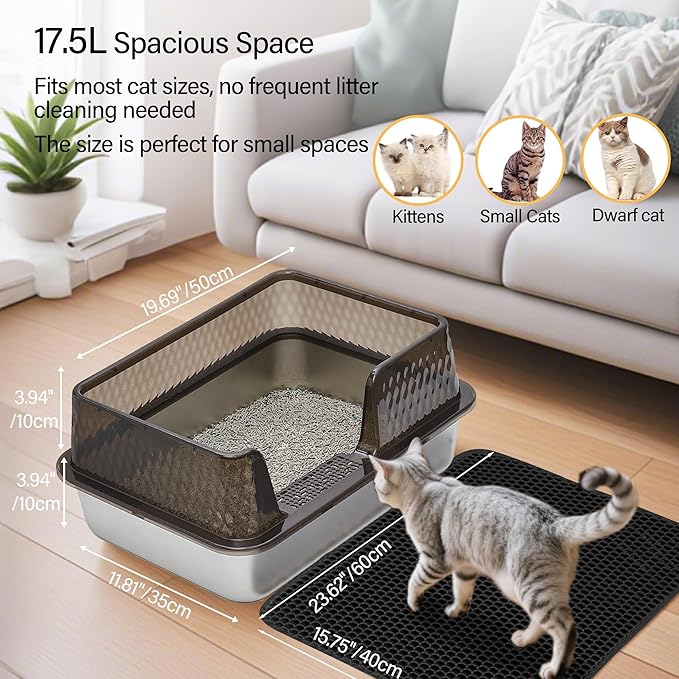 Medium Low Entry Enclosed Stainless Steel Cat Litter Box with lid Scoop and Pads Easy Clean Kitten Kitty Transparent Black Metal Litter Box
