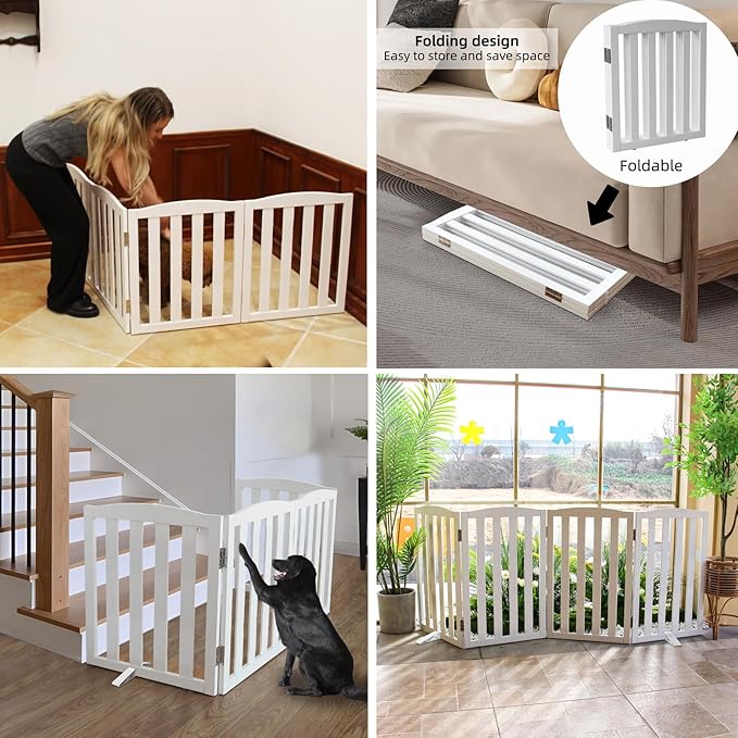 ZJSF Foldable Freestanding Indoor Dog Gate for House Wood White Long Pet Gates Dog Fence for Stairs Puppy Gates for Hallways,Pet Fence, Puppy Gate,Support Feet Included 32 "Height-2 Panels