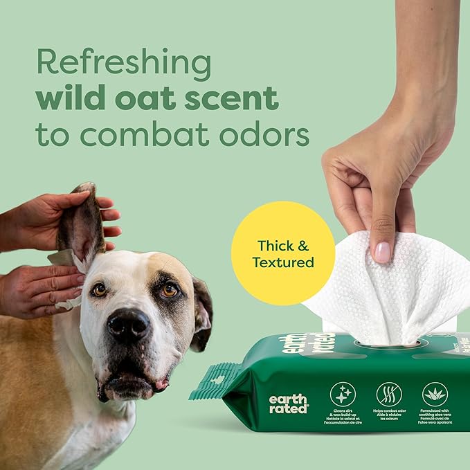Earth Rated Vet-Developed Pet Ear Wipes, Hypoallergenic Cleaner for Dogs & Cats Ears to Remove Dirt and Wax Build Up, Wild Oat Scent, 70 Count