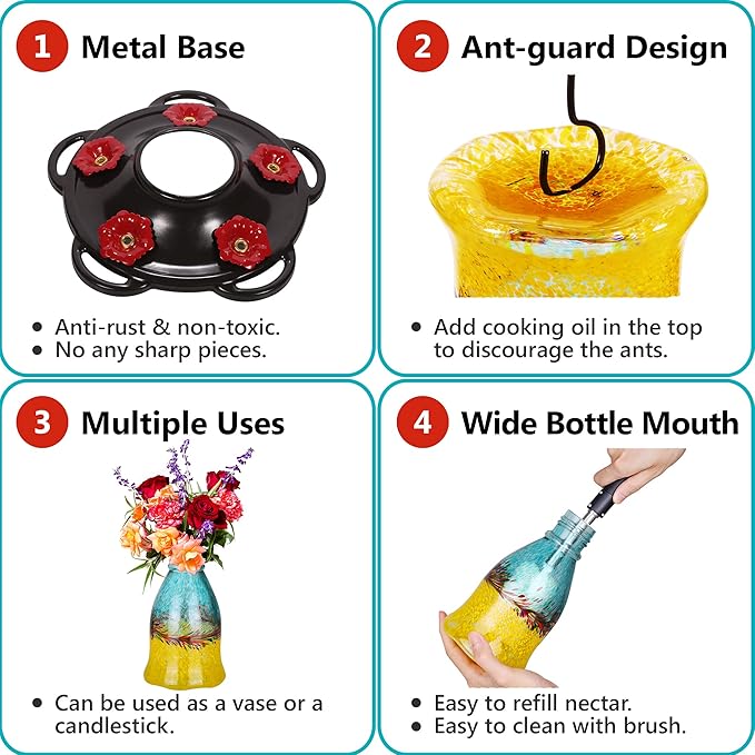 LUJII Hummingbird Feeders for Outdoors with Ant Proof, Handmade Blown Glass Hummingbird Feeder for Outside with S Hook, 25 fl.oz, Leak Proof, Multiple Functions Vase or Garden Decor, Blue Mixed Yellow
