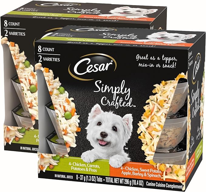Cesar Simply Crafted Adult Wet Dog Food Meal Topper, Chicken, Carrots, Potatoes & Peas and Chicken, Sweet Potato, Apple, Barley & Spinach Variety Pack (8 Count, Pack of 2)