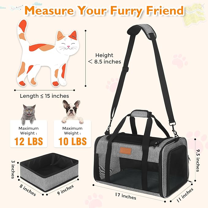 PETUX Pet Carrier Airline Approved, 17"x11"x9.5" Cat Carrier Soft with Anti-Scratch Mesh for Small Cats up to 12 lb, Top Open Portable Dog Carriers with Little Box for Puppy up to 10 lb (Grey)
