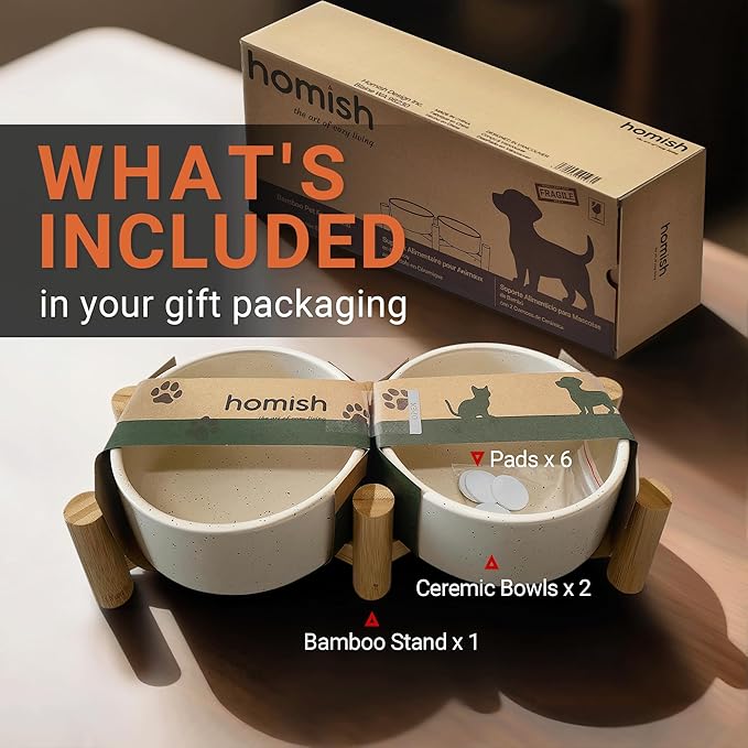 Elevated Dog Bowl & Cat Dish 27oz – Raised Ceramic Pet Food and Water Bowls with Bamboo Stand, Feeding Station for Small & Medium Pets, Prevents Neck Strain – Durable, Premium Quality by Homish