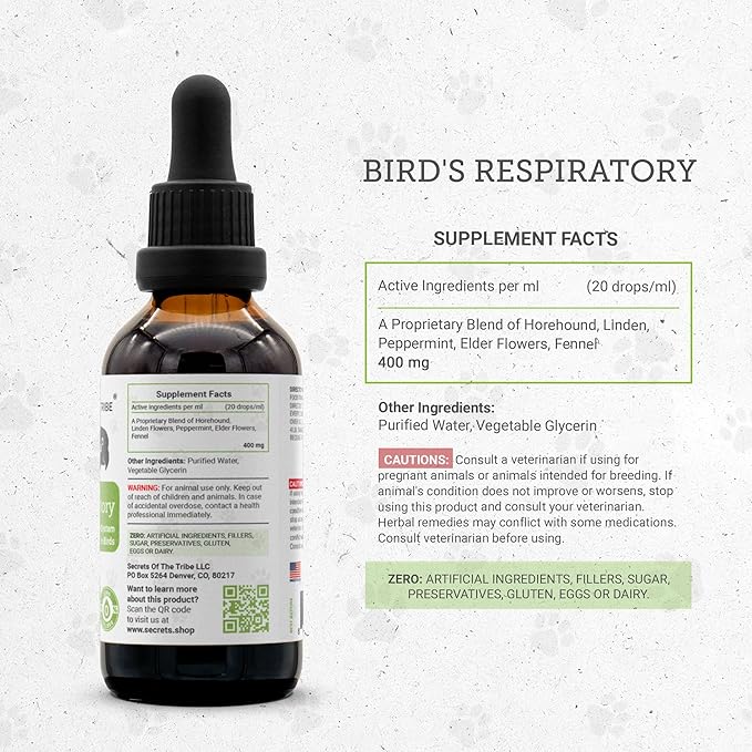 Birds Respiratory | Natural Herbal Dietary Pet Supplement for Birds | Healthy Respiratory System Support | Alcohol-Free Extract, Horehound, Linden, Peppermint, Elder Flowers, Fennel 2 oz