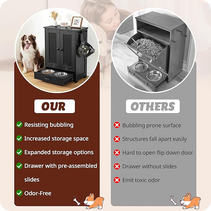 ALINE FURNITURE Dog Feeding Station with Storage Cabinet and 2 Elevated Dog Bowls, Hidden Pet Feeder Station Wood, Dog & Cat Storage Organizer, Black