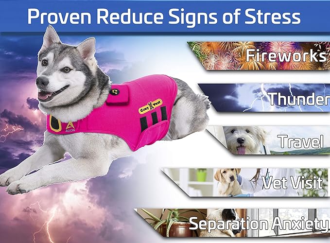CozyVest 3-in-1 Anxiety Vest Music & Aromatherapy Dog Coat Relaxing Sound & Essential Oil Scent Canine Stress Relief Fireworks Thunder Separation Shirt Jacket Thunderstorm(Pink, XXL [110 Lbs & UP])