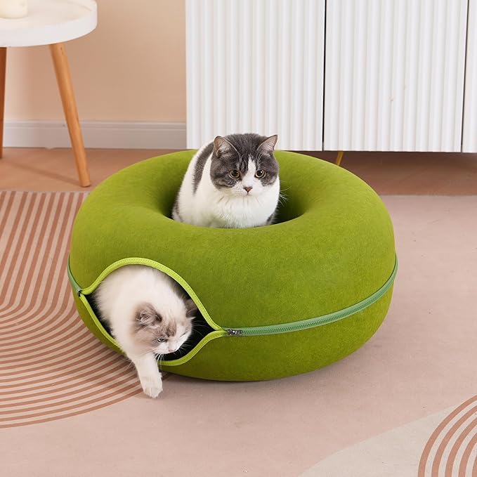 Large Cat Tunnel Bed for Indoor Cats with 3 Toys, Scratch Resistant Donut Cat Bed, Up to 30 Lbs (L 24x24x11, Green)