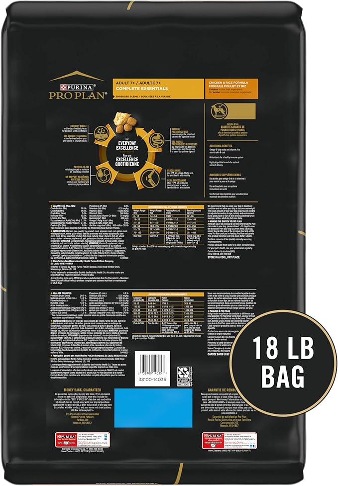 Purina Pro Plan Senior Dog Food With Probiotics for Dogs, Shredded Blend Chicken & Rice Formula - 18 lb. Bag