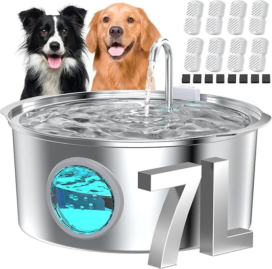 Dog Water Fountain for Large Dogs: Big Cat Water Fountain Stainless Steel -1.8Gal/7L Big Quiet Cats Water Bowl Dispenser- Pet Water Fountains for Dogs - 8 Filters + 8 Sponge Filters - GROOKPET