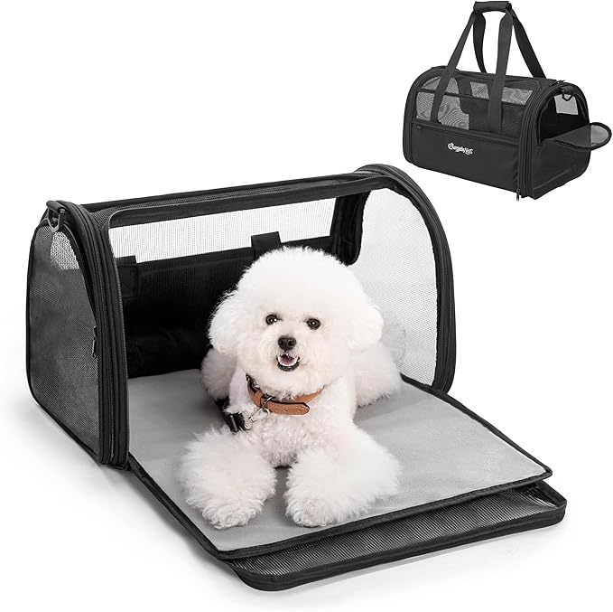 BurgeonNest Soft-Sided Dog Carrier Airplane Approved for Small Dogs Side-Expandable Pet Cat Carrier，Lightweight Puppy Purse 0-15 lbs, 17.7x11x11 Inchs Up to 16lbs, Black