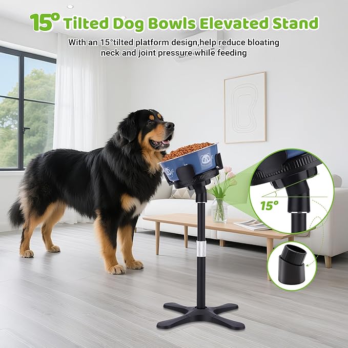 Elevated Dog Bowls for Large and Extra Large Dogs,Adjustable Width Dog Bowl Stand for 5.5-9.5" Wide Bowls,Food and Water Feeder,Single Holder with Tilted Height Adjust 12.4''-18.9'' (2 Pack)