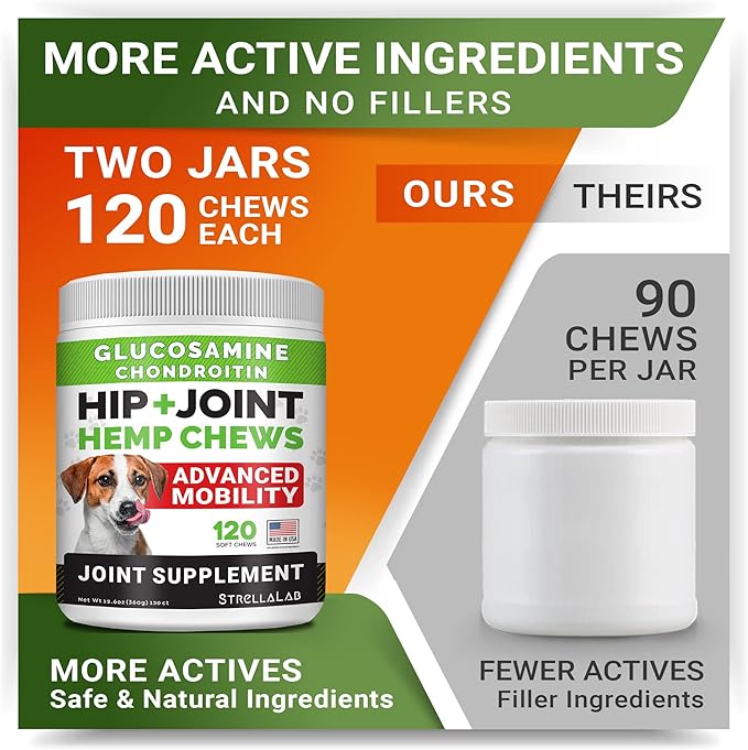 Large Breed Hemp + Glucosamine Dog Joint Supplement - Hemp Chews for Dogs Hip Joint Pain Relief - Omega 3, Chondroitin, MSM - Advanced Mobility Hemp Oil Treats for Large Dogs - Made in USA - 240 Ct