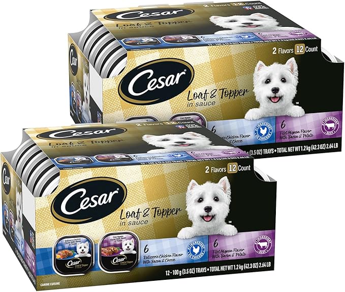 Cesar Wet Dog Food Loaf in Sauce Rotisserie Chicken Flavor with Bacon & Cheese and Filet Mignon Flavor with Bacon & Potato Variety Pack, 3.5 oz. Easy Peel Trays (12 Count, Pack of 2)