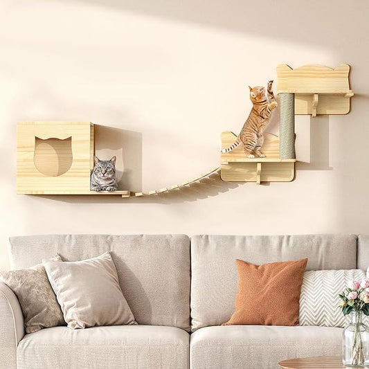 Cat Wall Shelves, Cat Wall Furniture Pine Wooden Feline Shelf, 5 Piece Shelves and Perches with Bed, House, Steps, Bridge Ladder and Scratching Post