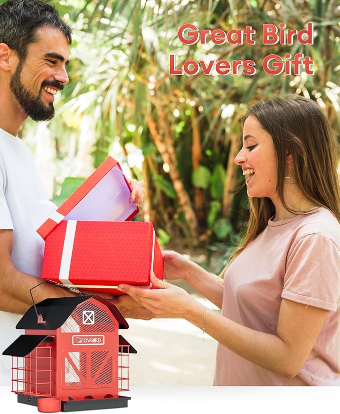 Bird Feeders for Outdoors Hanging, 5LBS Large Bird Feeder with 2 Suet Cage, Red Barn Metal Birds Feeder for Outside, Weather Resistant Cardinal Feeders, ldeal Birds Watching Gifts (Red)