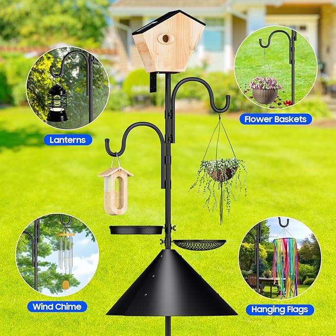 Bird Feeder Pole with Squirrel Proof Baffle,92 Inch Adjustable Double Shepherds Hook,Heavy Duty Hanging Bird House Pole Stand for Outdoors,Hummingbird Bird Bath Feeder Tray for Outside, Yard, Garden