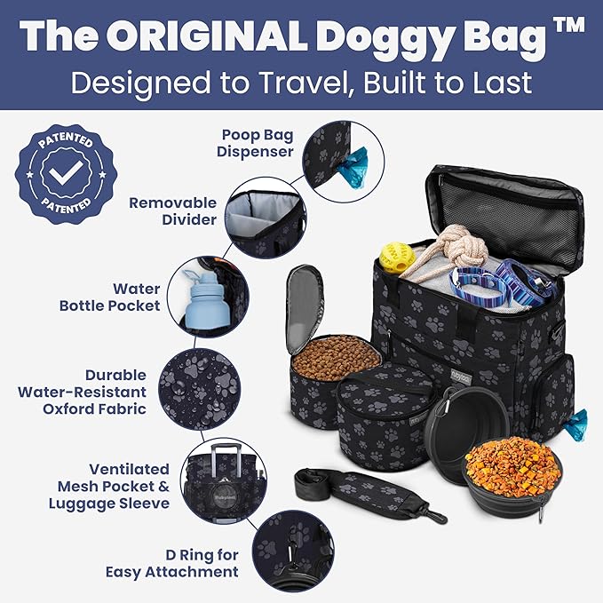The Original Doggy Bag™- Dog Travel Bag for Supplies - Ultimate Gift for Dog Moms & Dads, Doggy Lovers & Pet Owners for Christmas- Includes 2 BPA-Free Travel Bowls and 2 Food Containers: Paw Print