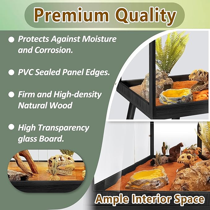 PROLEE Tempered Glass Reptile Enclosure with Leg,48“ Scratch-Proof Bearded Dragon Tank,79 Gallon Lizard Tank with Metal Mesh Tops and Lockable Door,Spacious Reptile Habitat for Snake,Lizard (Black)