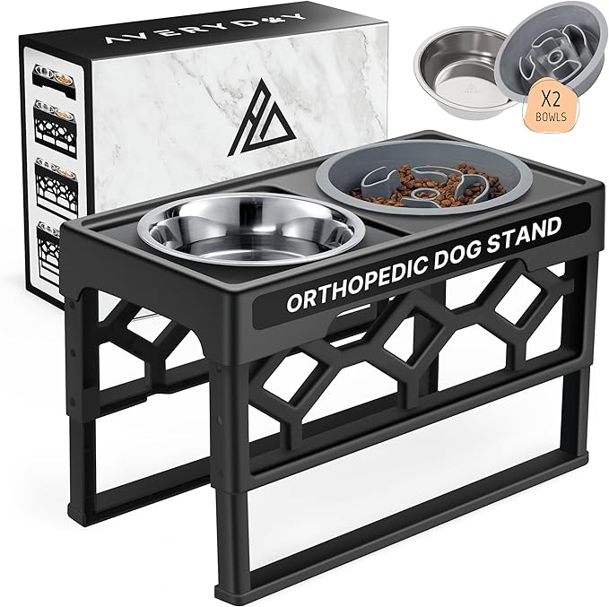 AVERYDAY Small Slow Feeder Dog Bowls Elevated, 4 Height Adjustable Raised Dog Bowl Stand with Stainless Steel Food and Water Bowl, Tall Dogs Feeding Station with Anti-Slip for Small Medium Breeds Dogs