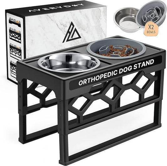 AVERYDAY Small Slow Feeder Dog Bowls Elevated, 4 Height Adjustable Raised Dog Bowl Stand with Stainless Steel Food and Water Bowl, Tall Dogs Feeding Station with Anti-Slip for Small Medium Breeds Dogs