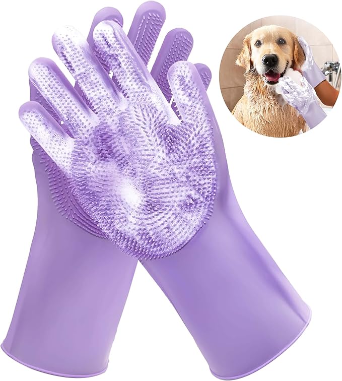 Pet Grooming Gloves，Heat-Resistant Silicone Gloves with High-Density Teeth for Enhanced Massaging and Bathing of Dogs and Cats (Purple, 1 Pair)