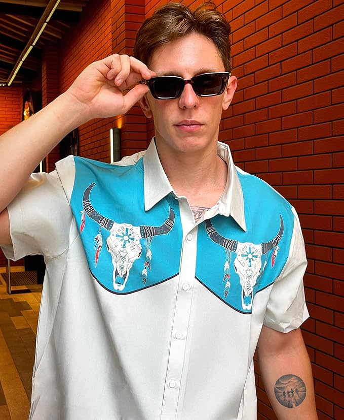 Men’s Hawaiian Shirt Western Cowboy Symmetrical Print Short Sleeve Button Down Casual Beach Holiday Summer Shirt