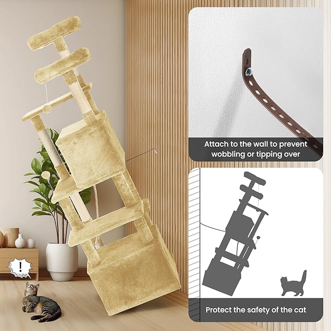 69in Large Cat Tree Tower for Indoor Cats with Soft Plush Hang Ball, Two Condos, Sisal Scratch Posts & Rope Play for Kittens/Adult Cats, Beige